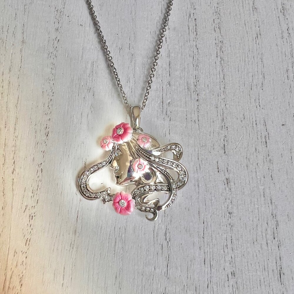 Lady Face Brooch Pin Necklace with Swarovski Crystals by Uno Alla Volta